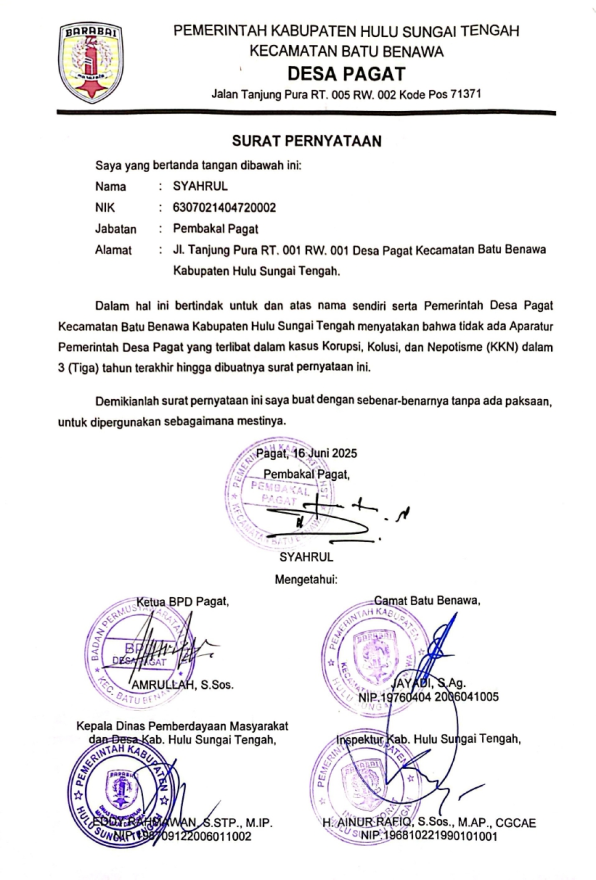 Pemerintah Desa Pagat Nyatakan Bebas KKN